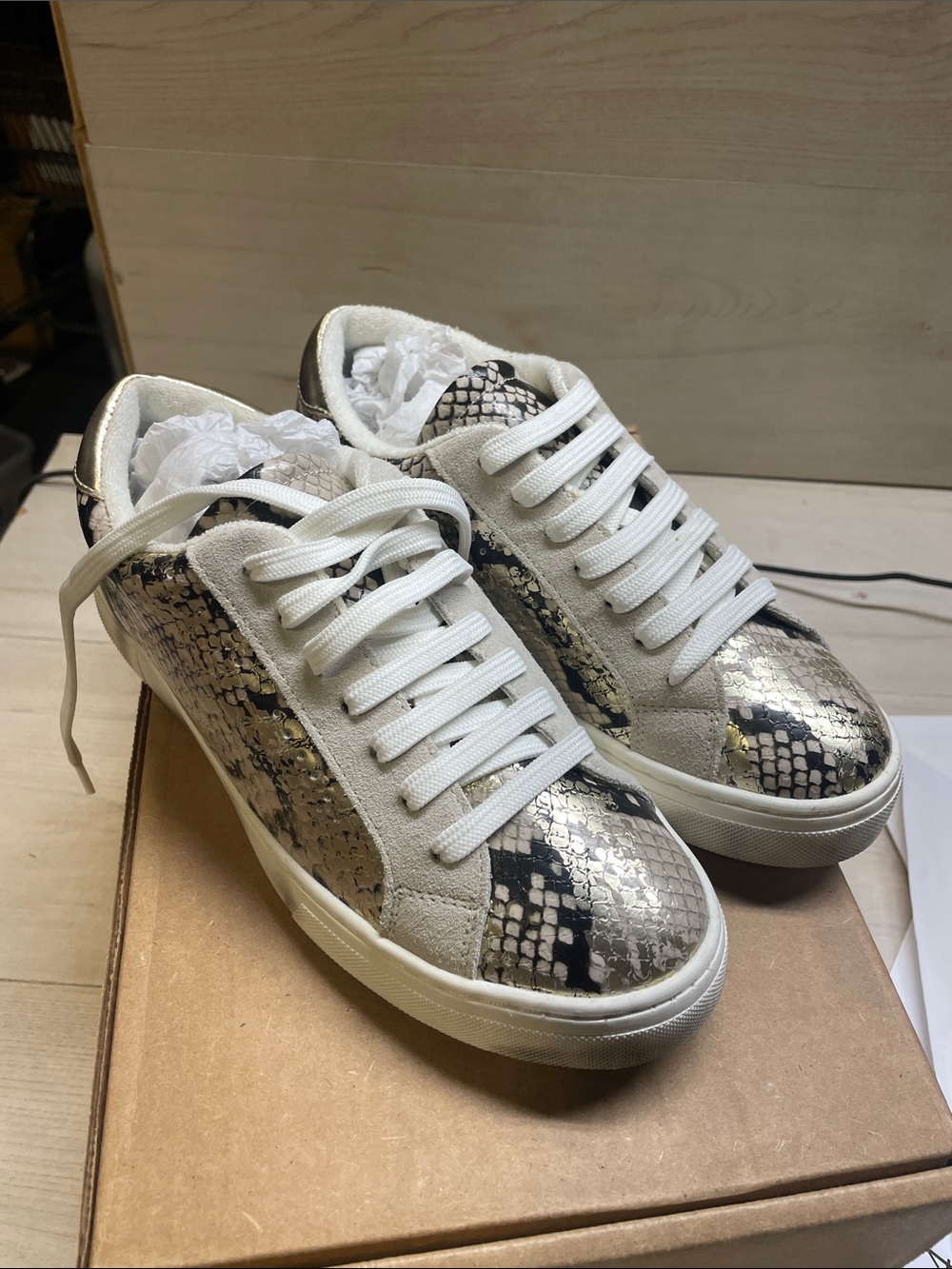 Steve Madden Women’s Snake-Print Low-Top Sneakers in White and Gold #620